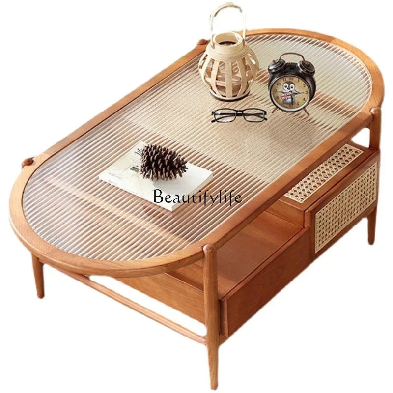 

Solid wood rattan Japanese creative double-layer glass tea table B & B with drawers log storage few