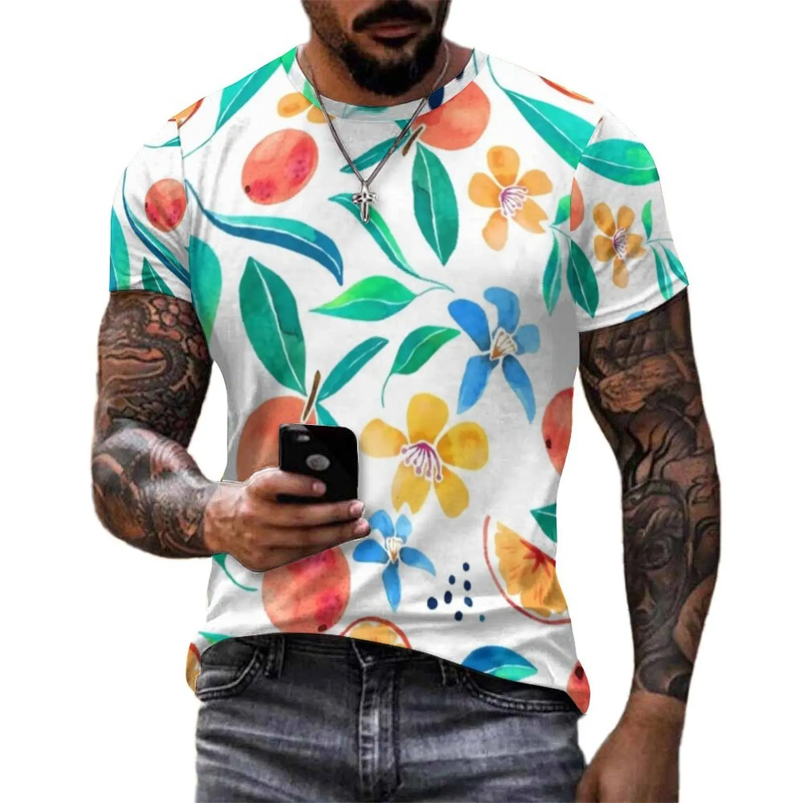 Mens Watercolor Oranges T-Shirt Leaves Flowers Print T-Shirts Short Sleeve Design Tshirt Summer Streetwear Plus Size Top Tees