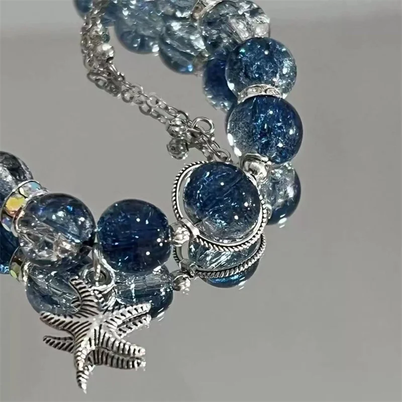 Niche Design Starfish Butterfly Tassel Charm Bracelet Fashion Blue Gradient Crystal Beads Bracelet Handmade Elastic Bangle Gifts