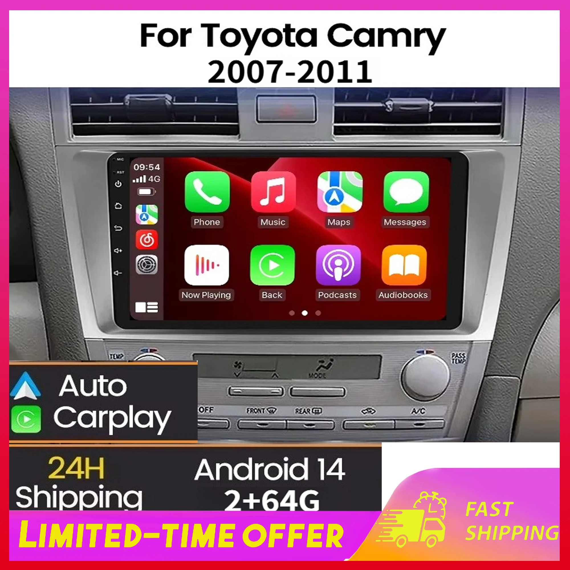 

Подходит для Toyota Camry 07-11: 9-дюймовая автомобильная навигационная система Android 13 с функциями CarPlay и Android Auto, 2+64 ГБ, мультимедиа с коротким лицензионным обзором.