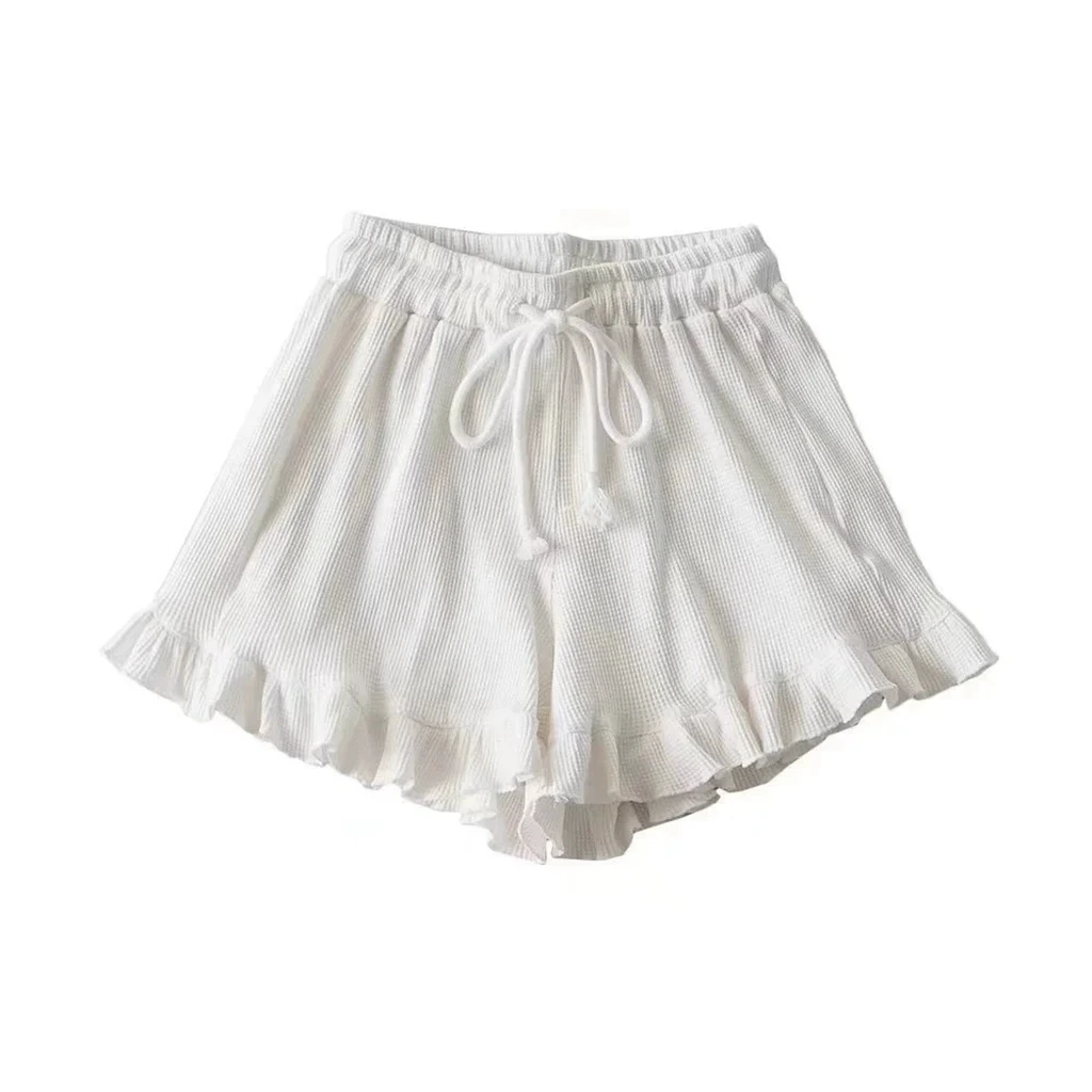Wide Leg Pants Women's Summer Thin, High Waist, Lace waffle shorts hot Straight Tube, Loose Casual pajamas Pants, 5-point pants