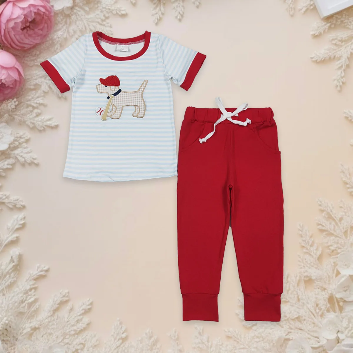 

Baby Boy Embroidery Dog Baseballs Clothes Kids Set Long Sleeve Stripe Shirt Children Legging Pockets Pants Clothing Outfit Suit
