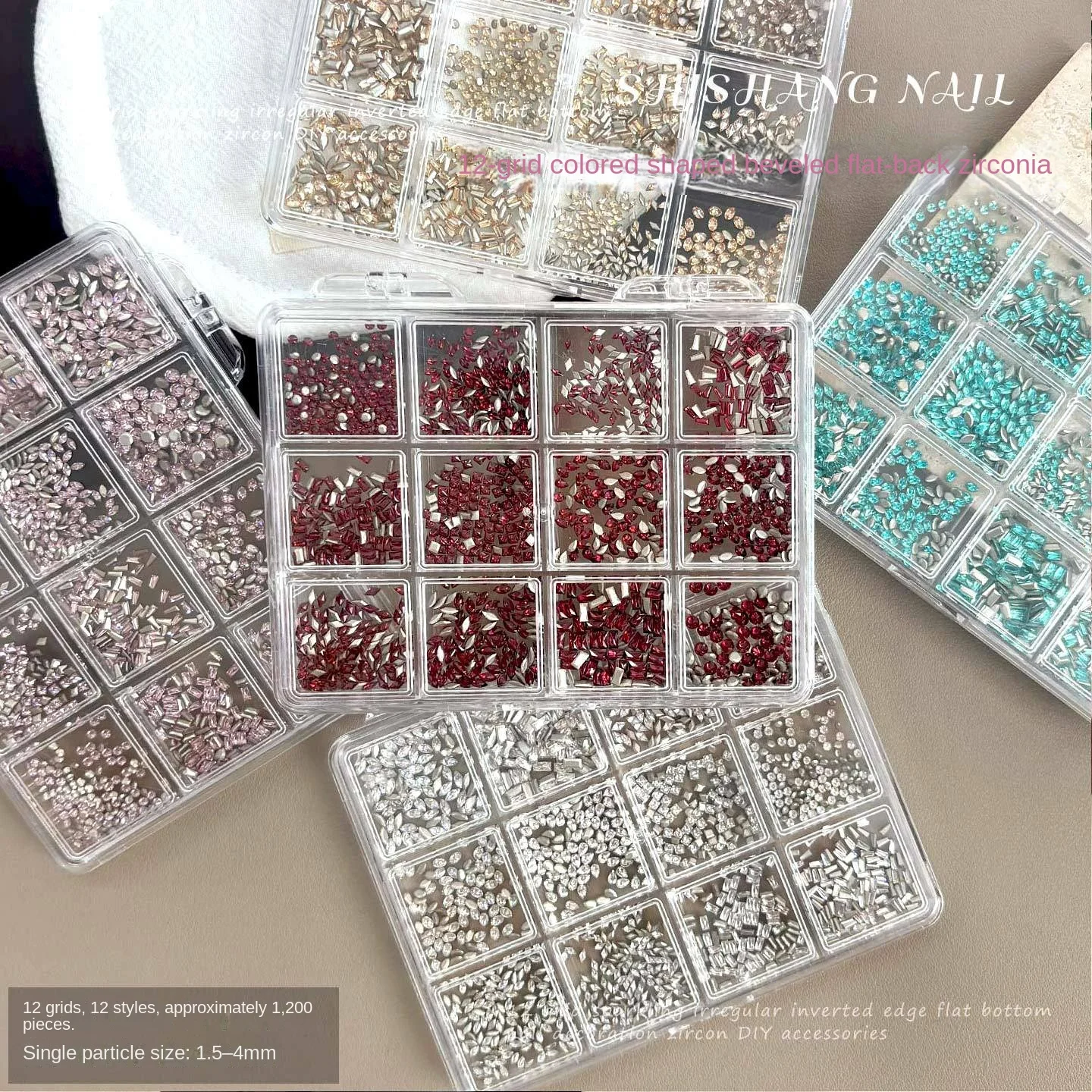 12 Grids Flat Back Zircon Nail Art Rhinestones Mixed Waterdrop Sparkling Charms Champagne Rose Red Silver DIY Manicure Decor