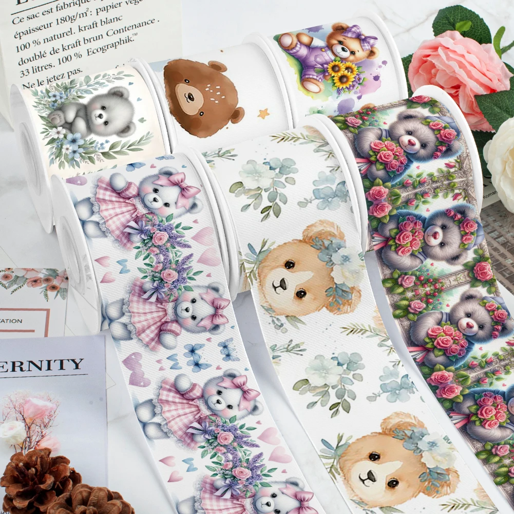 Bear Cute Care 5yards Pattern Grosgrain Ribbons Satin Ribbon for Cheer Bows DIY Girl Hair Bows