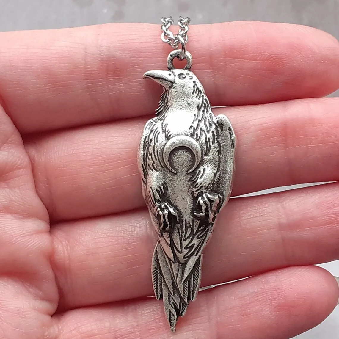 Viking Retro Silver Color Crescent Moon Raven Bird Dangle Earrings Necklace Set for Men Women Goth Halloween Pagan Witch Jewelry