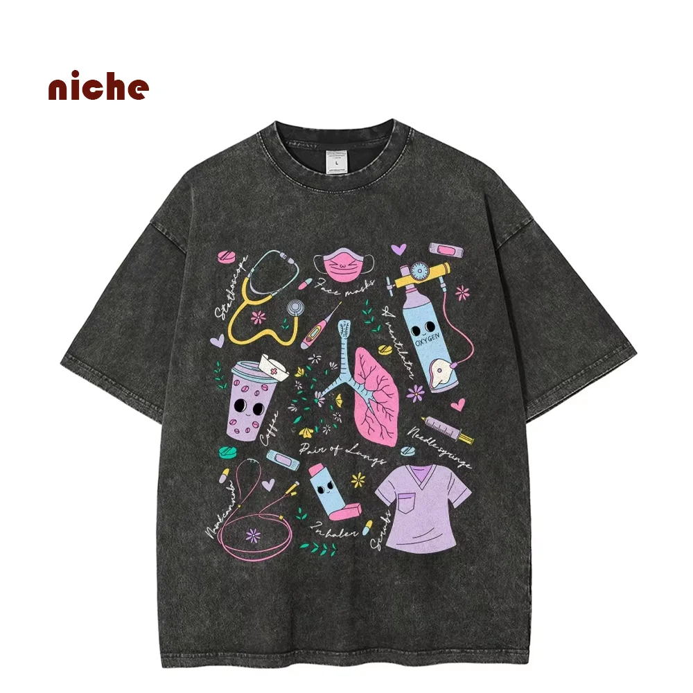 

Cute Y2k Color Cartoon Print T-Shirt Retro Washed Old Crew Neck Couple Oversize Fashion Trend New Short Sleeves