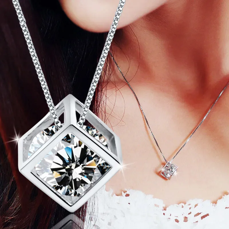 Hollow Out Cube Crystal Pendant Necklace For Women Kpop Colorful Zirconia Rose Gold Color Choker Chain On The Neck Jewelry N425