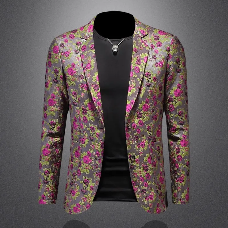 

Новый мужской жаккардовый пиджак с цветочной вышивкой для свадьбы, банкета и вечеринки, приталенный пиджак, пальто для выступления на сцене, повседневное, официальное, осеннее