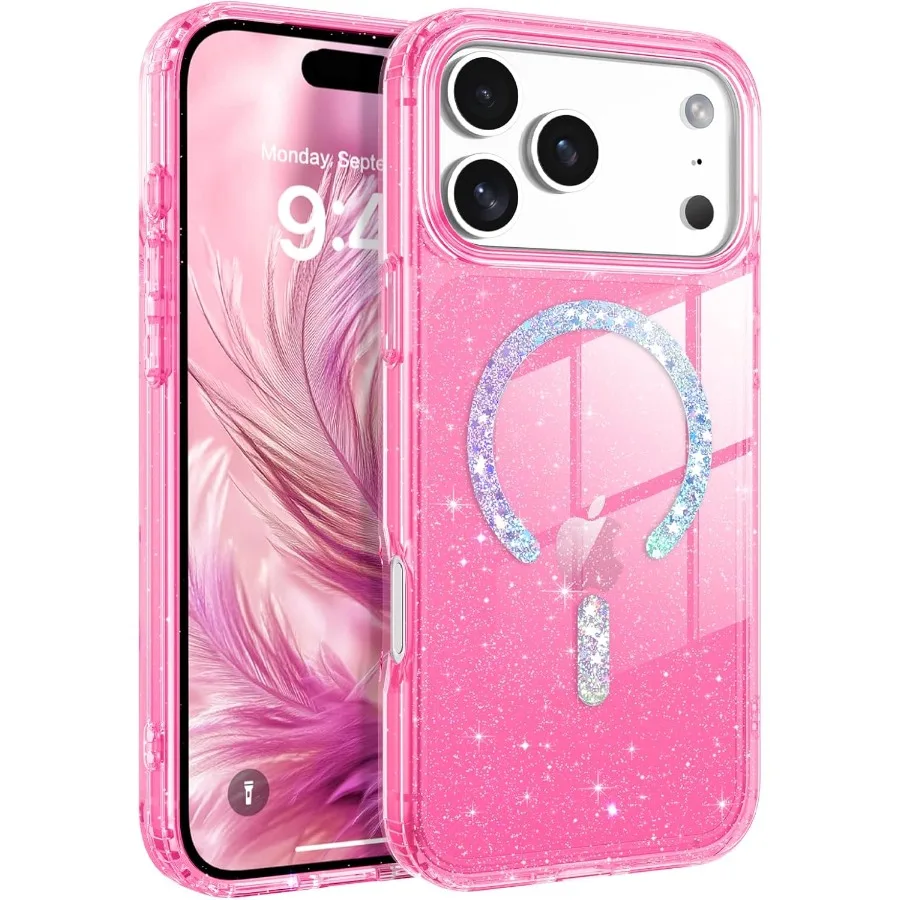 

Magnetic Clear Crystal Glitter Bling Phone Case for iPhone 17 Pro Max with MagSafe Compatibility Shockproof Sparkly Cute Design