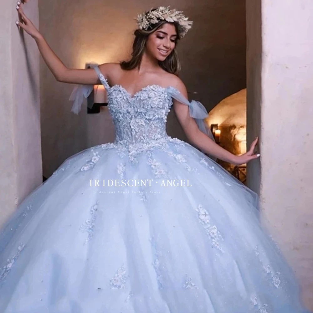 IRIDESCENTE Cielo Blu Perline Tulle Abito da ballo Romantico Abito Quinceanera Applique Dolce 16 Ragazze Brithday Occasione formale Personalizza