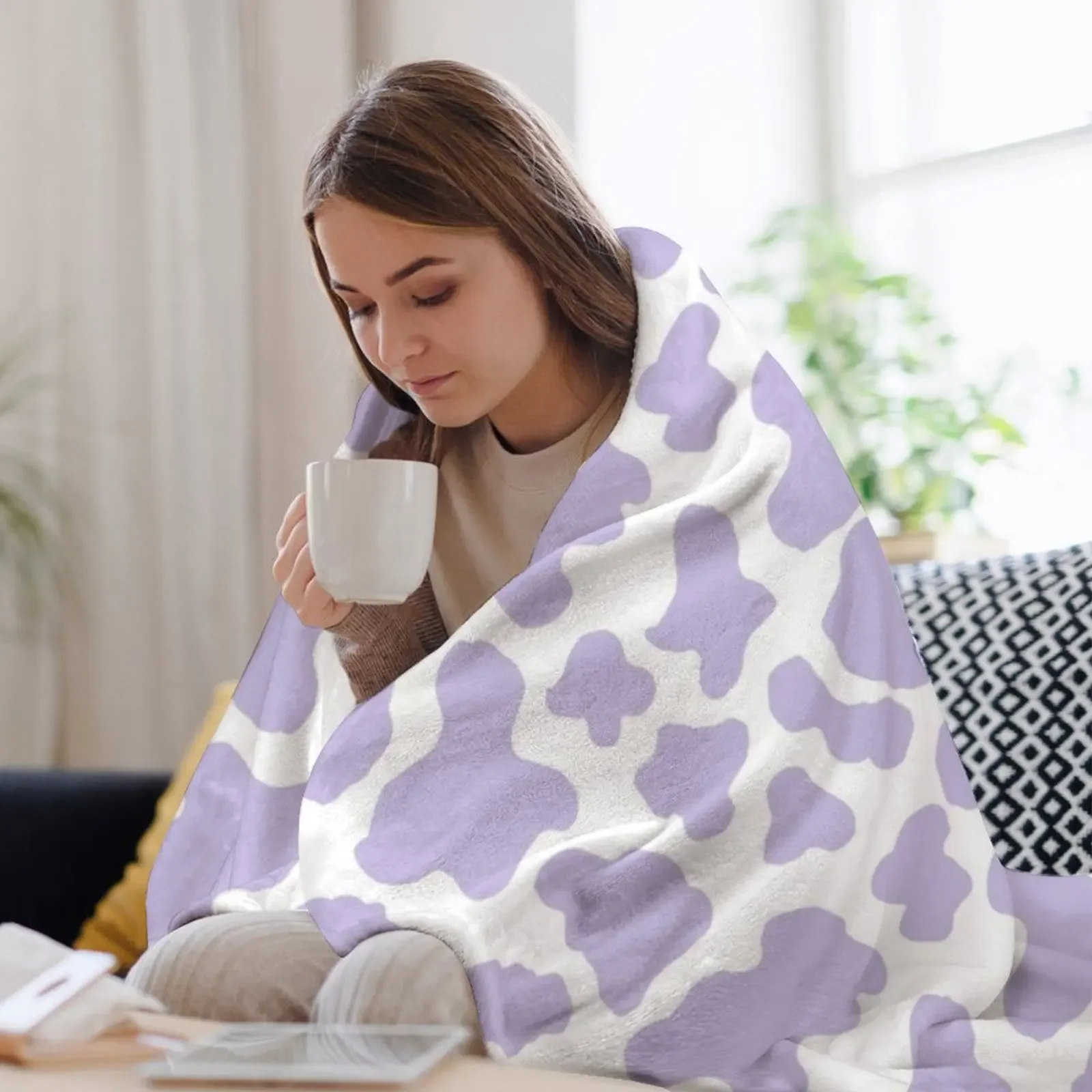 بطانية رمي بنمط جمالي مطبوع عليه بقرة أرجوانية باستيل، بطانيات للتخييم والسفر للأطفال، بطانيات للسرير