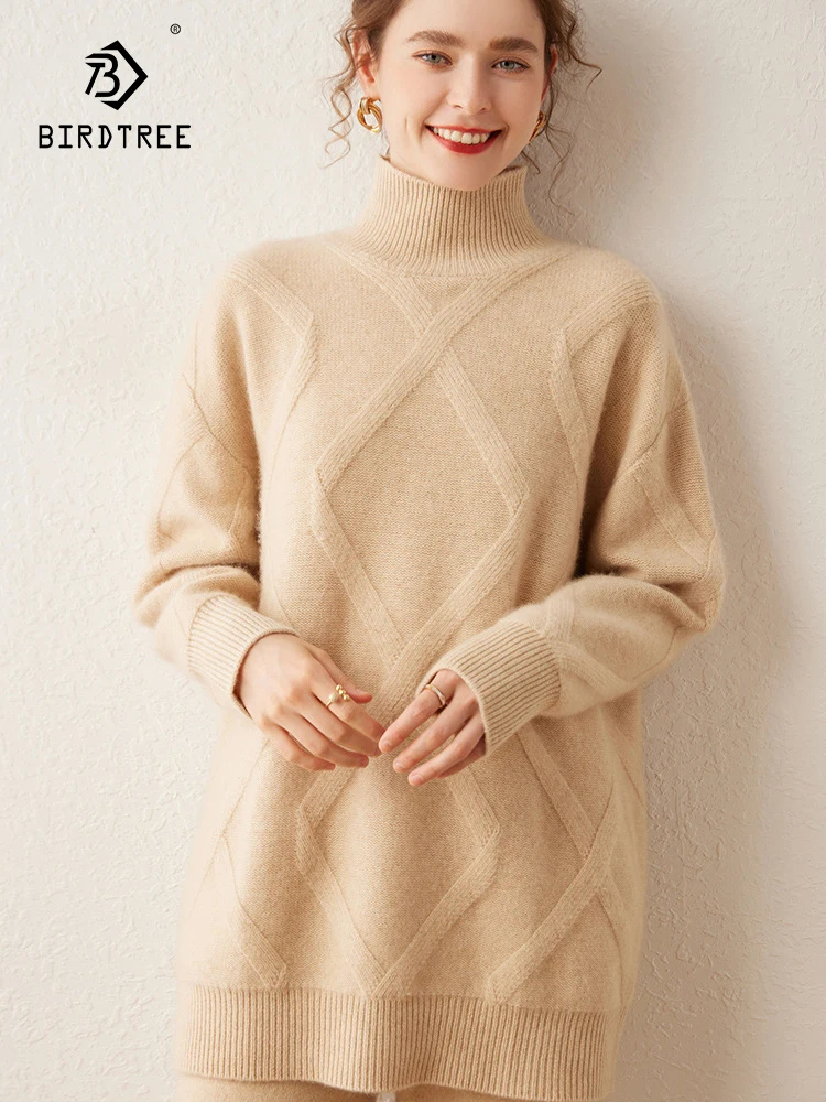 

BirdTree, Cashmere loose sweater, Women's knitting Fried Dough Twists is slim, 2024 Autumn and Winter New Top T48902KE