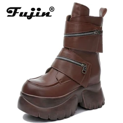 Fujin 10cm New Microfiber Genuine Leather Platform Motorcycle Ankle Knee High Booties Shoes Sneakers Chunky Platform Women Women