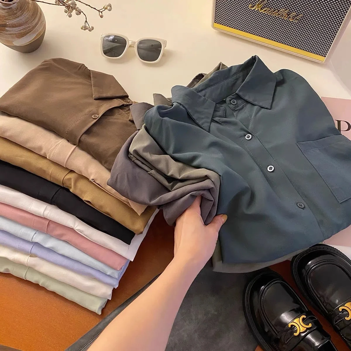 

Korean High-End Long Sleeve Shirt Women's Loose Casual Pure Color Shirt Versatile Drapey Top Spring Autumn Layering Blouse