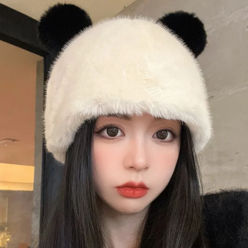 ใหม่ Thicken หมีน้อยหูหมวก Plush ผู้หญิงฤดูหนาวน่ารักแฟชั่นลดอายุ Windproof ป้องกันหูหมวกขนสัตว์เทียม