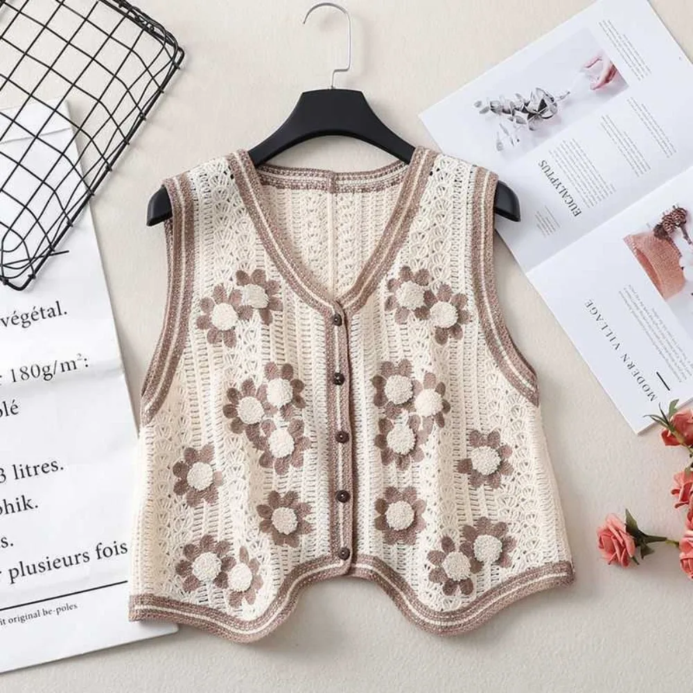 Chandail évidé à col en V avec broderie au crochet, pull fleur, cardigan à simple boutonnage, haut gilet