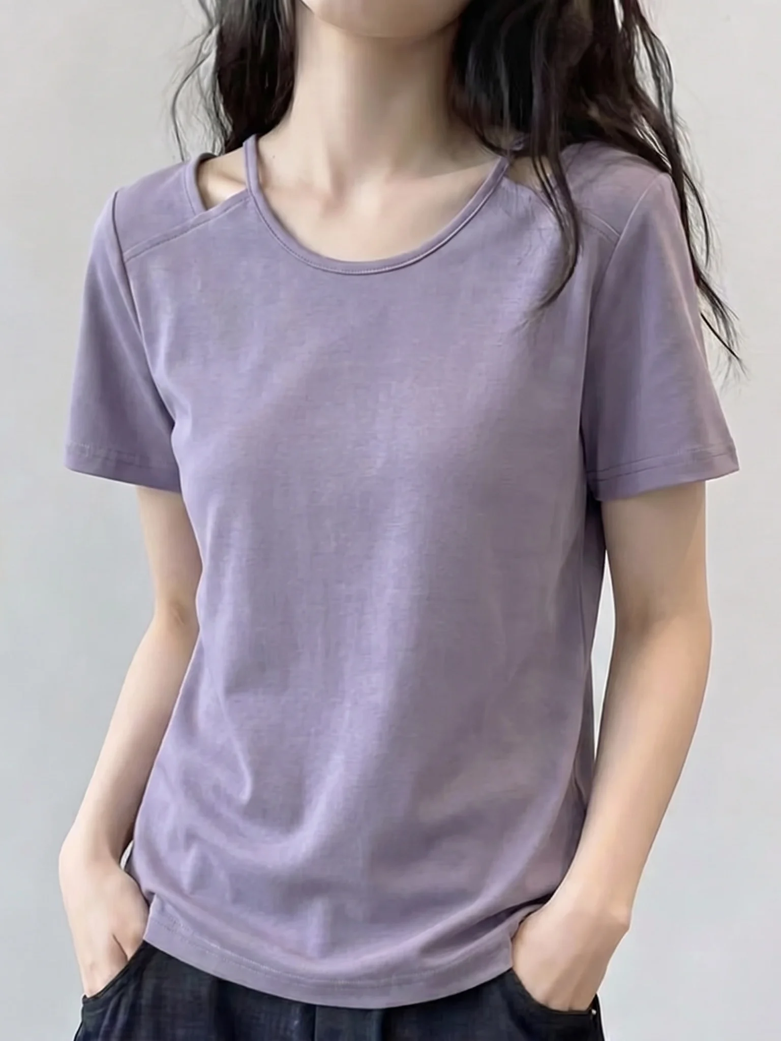 

Design Sensation Hollow out Purple Short Sleeve Women's T-shirt Summer New Style for Plump Ladies Anti-Aging Slimming Top