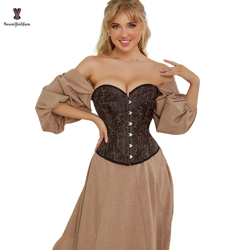 Front 36CM Back 22CM Womens Halloween Costume Steampunk Clothing Dark Brown Jacquard Brocade Bustier Corset Plus Size