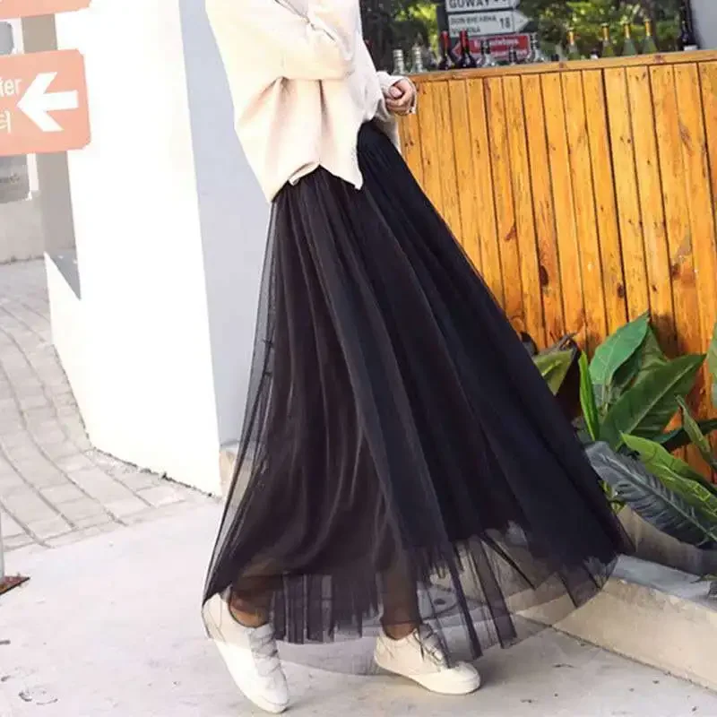 Tulle Skirt Women\'s Pleated Skirt High Waist Long A- line Swinging Skirt Woman Skirts Mujer Faldas Saias Mulher
