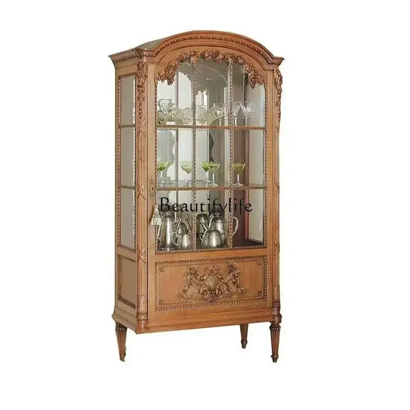 

1LFrench retro wine cabinet, American carved glass display side cabinet