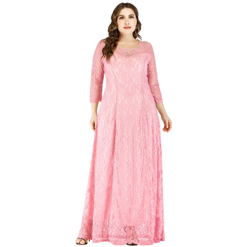 eDressU Plus Size Women Lace Evening Party Dress 3/4 Sleeve A-line Pink Long Large 4XL 5XL 6XL Mother of the Bride Dress SJ-1868