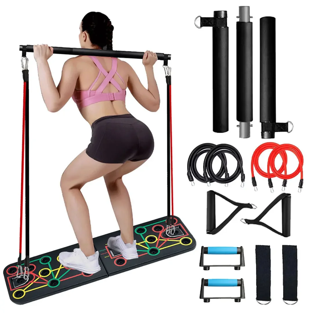 

Rubber Band Squat Bar 160lb Collapsible ABS Push Up Bracket Plate Rack Chest Arm Muscle Strength Workout Home Gym