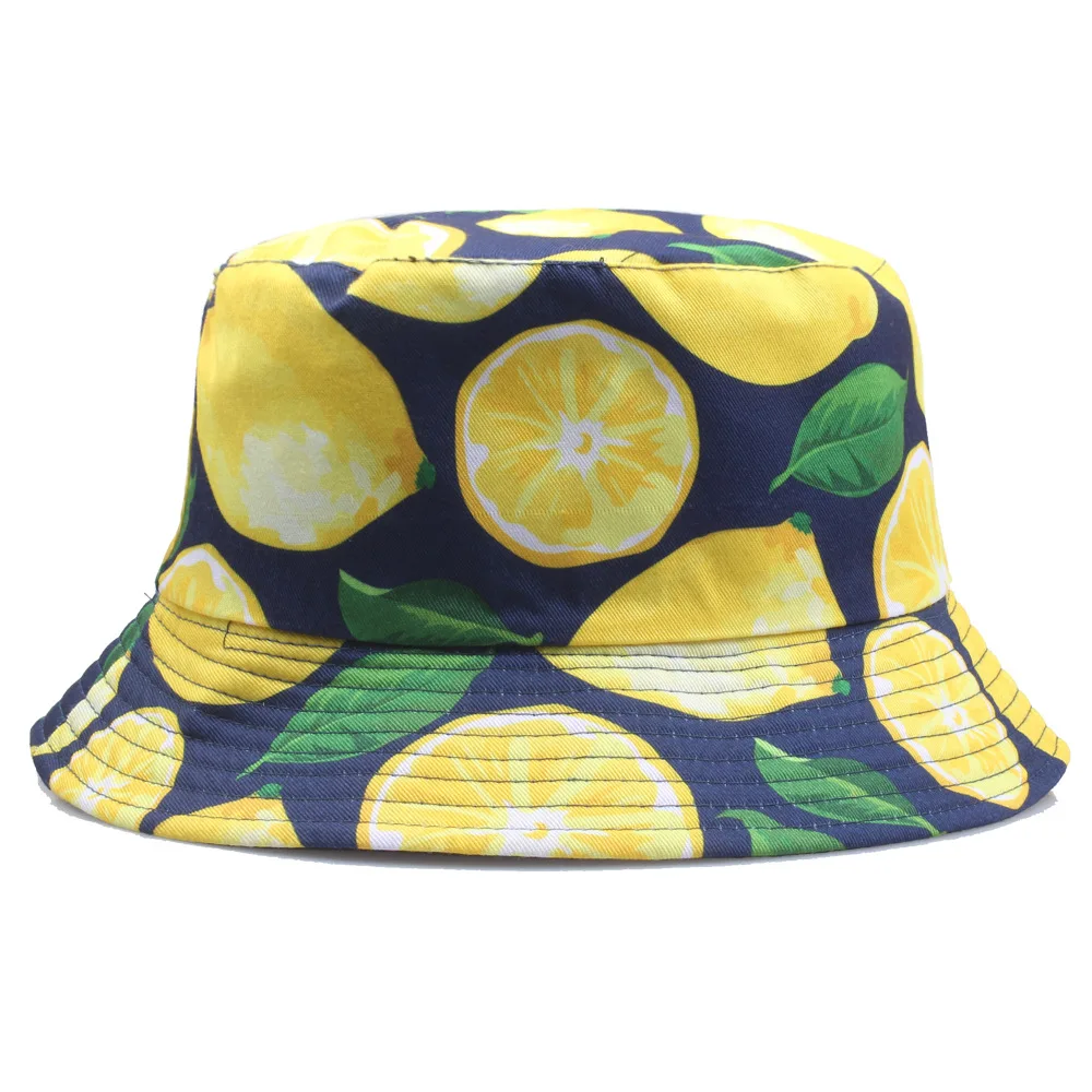 Lemon Pineapple Cherry Printed Bucket Hats Sun Panama Caps For Women Men Girls Beach Fishing Cotton Fruits Fisherman Hat