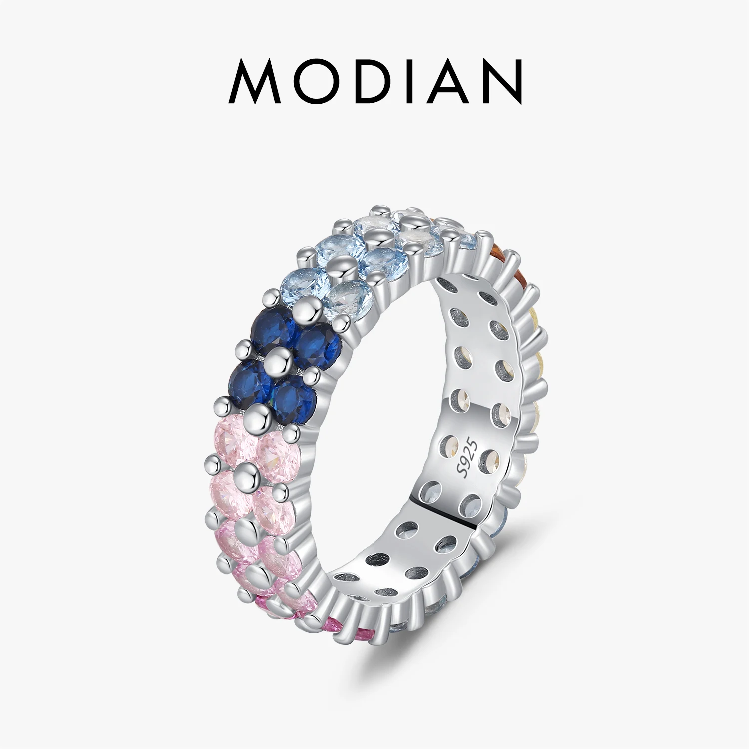 

MODIAN 925 Sterling Silver Charming Colorful Round Zircon Wide Eternity Bands Rings For Women Party Fine Jewelry
