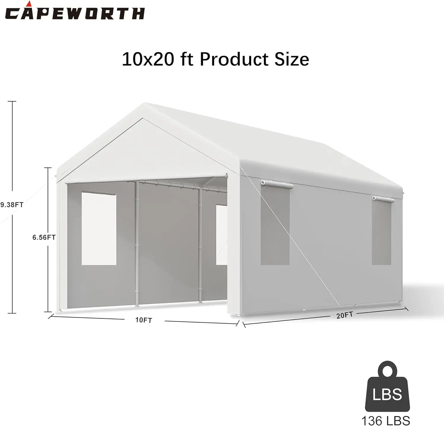 Carport,10X20 Heavy Duty Carports, Canopy, Garage, Metal Shed, With 4 Roll-Up Ventilated Windows, Outdoor, Storage, Car,