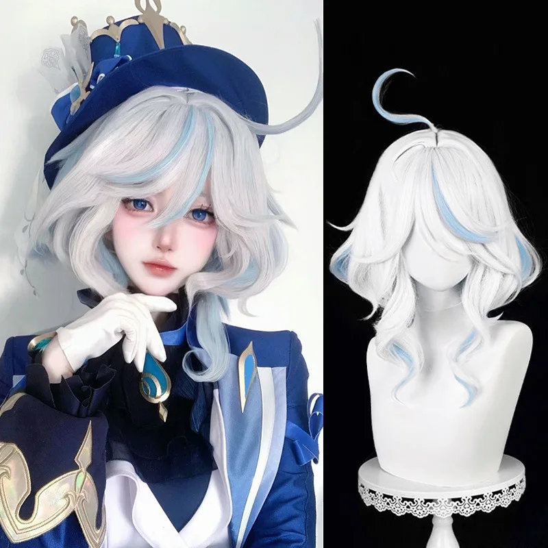 

Fontaine Focalors Cosplay Wig 100cm Long Furina Wigs Blue White Curly Women Wigs Heat Resistant Hair Anime Wigs + Wig Cap