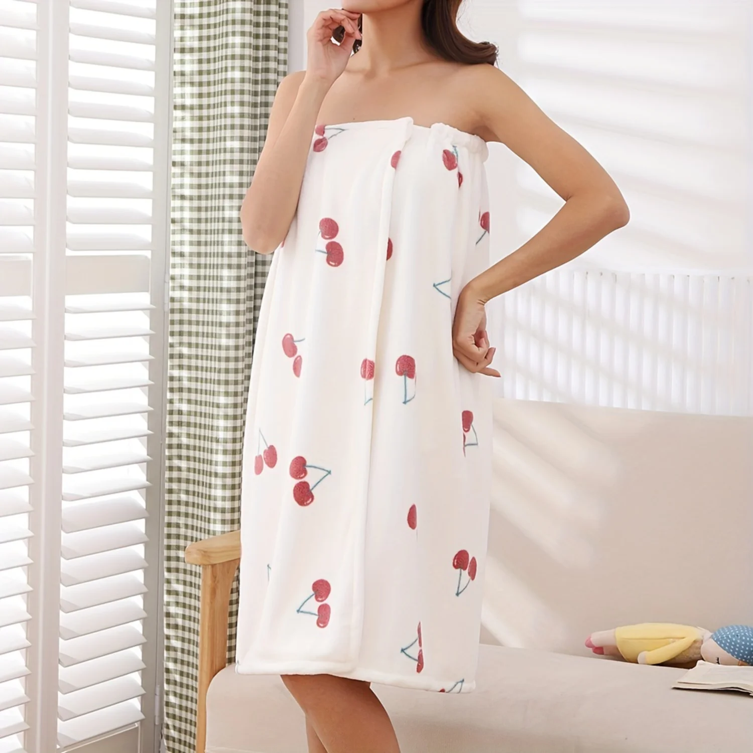 1pc Super Absorbent Cherry Print Women's Shower Towel Robe | Adjustable Bathrobe for Spa, Sauna, Beach, and Pool - Ideal Bathroo