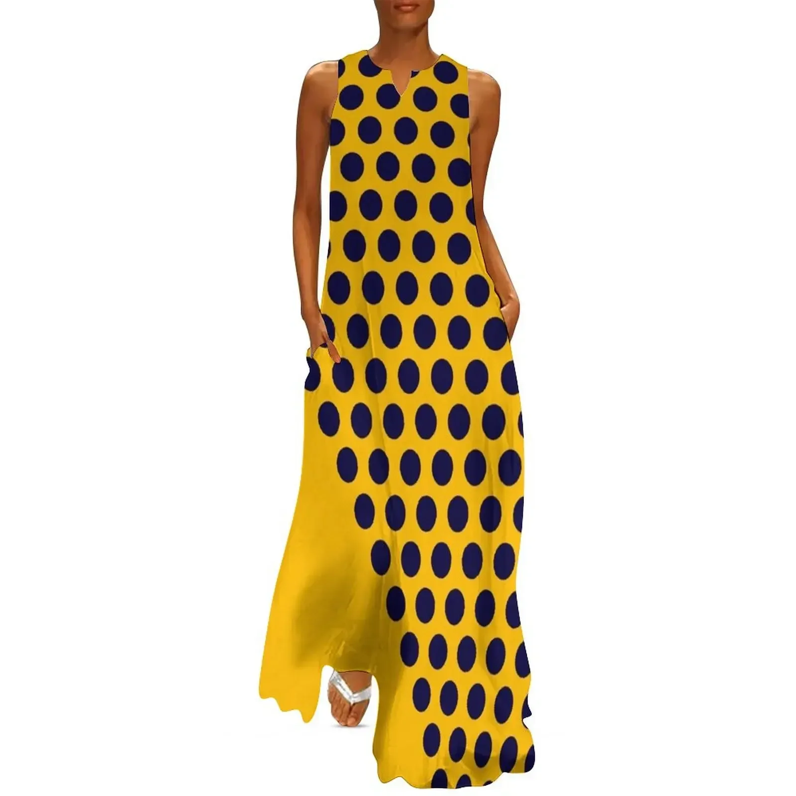 

Dot Cascade Minimalist Mod Pattern in Bright Mustard Yellow and Navy Blue Long Dress women's clothing korea stylish Dress