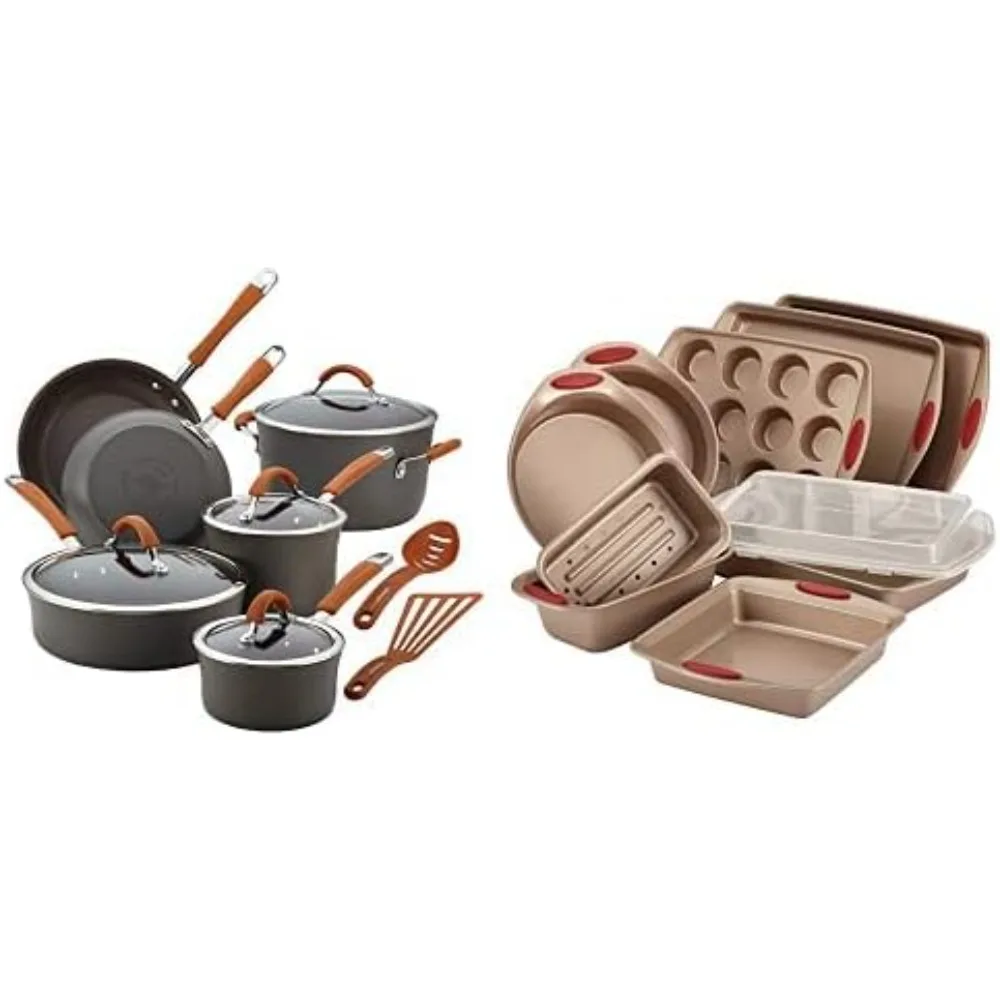 

Hard-Anodized Aluminum Nonstick Pots and Pans Cookware Set, 12-Piece, Gray, Cranberry Red Handles with Rachael