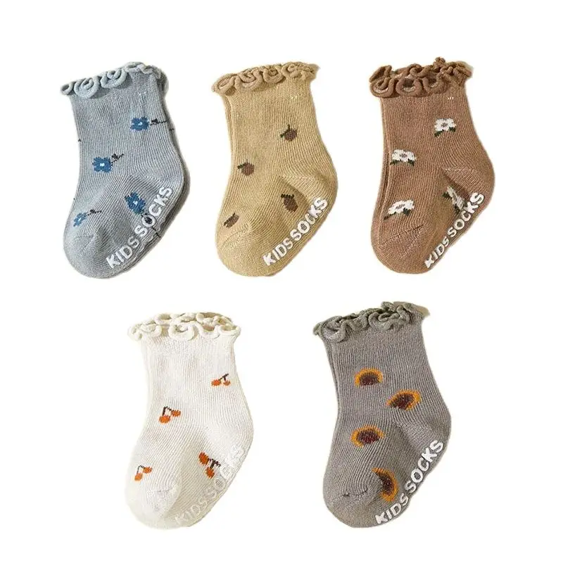 5 Pairs a Lot Flower Baby Socks Cute Cherry Printed Kids Girls Floor Socks Toddler Anti Slip Adhesive Socks