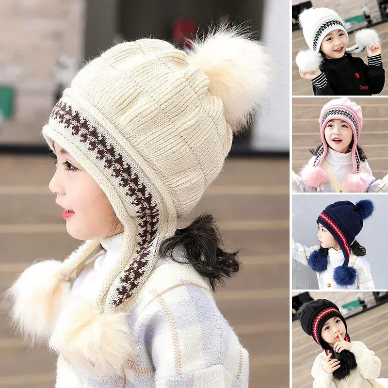 3-10 Years Winter Hat New Thick Warm Girls Hat Warm Knitted Children Hats Ear Warm Protection Baby Hats Beanies Bonnet