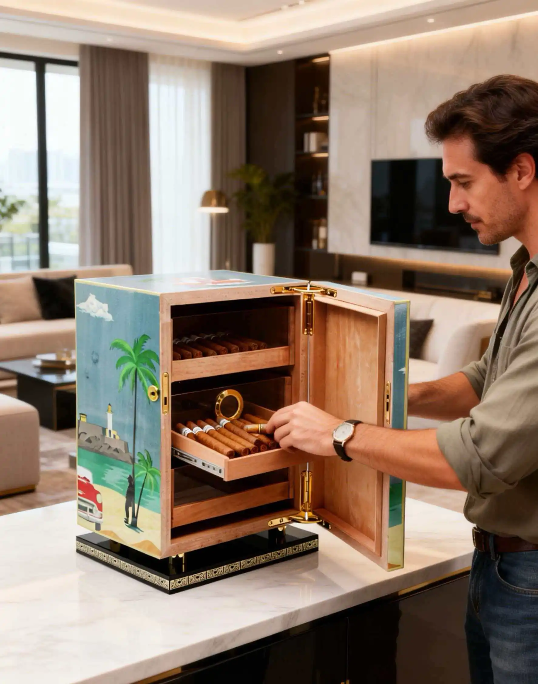 

Запираемый шкаф для сигар в европейском стиле, трехслойный, с вместительностью 100 снежных сигар, отделка основания из кедрового дерева, увлажнение Sy