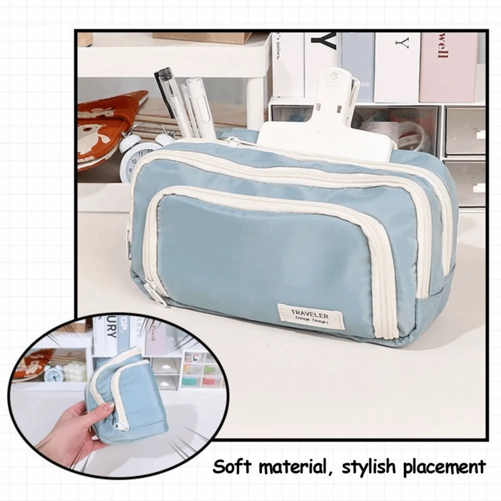 Portable Large Capacity Pencil Bag Multi-layer Solid Color Pen Pouch Pencil Case Students Supplies