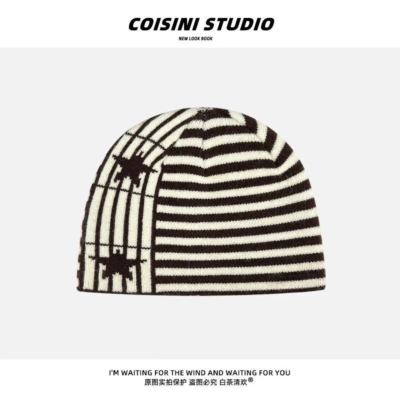 Y2K Persönlichkeits-Stern-Streifen-Strickmützen für Damen, Herbst und Winter, Street-Trend, vielseitige warme Ohrenschutz-Beanies – Detail 3