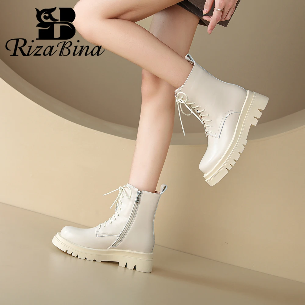 RIZABINA Size 34-43 Women Snow Boots Genuine Leather Lace Up Chunky Heel Non-slip Ankle Boots Zipper Warm Wool Platform Boots