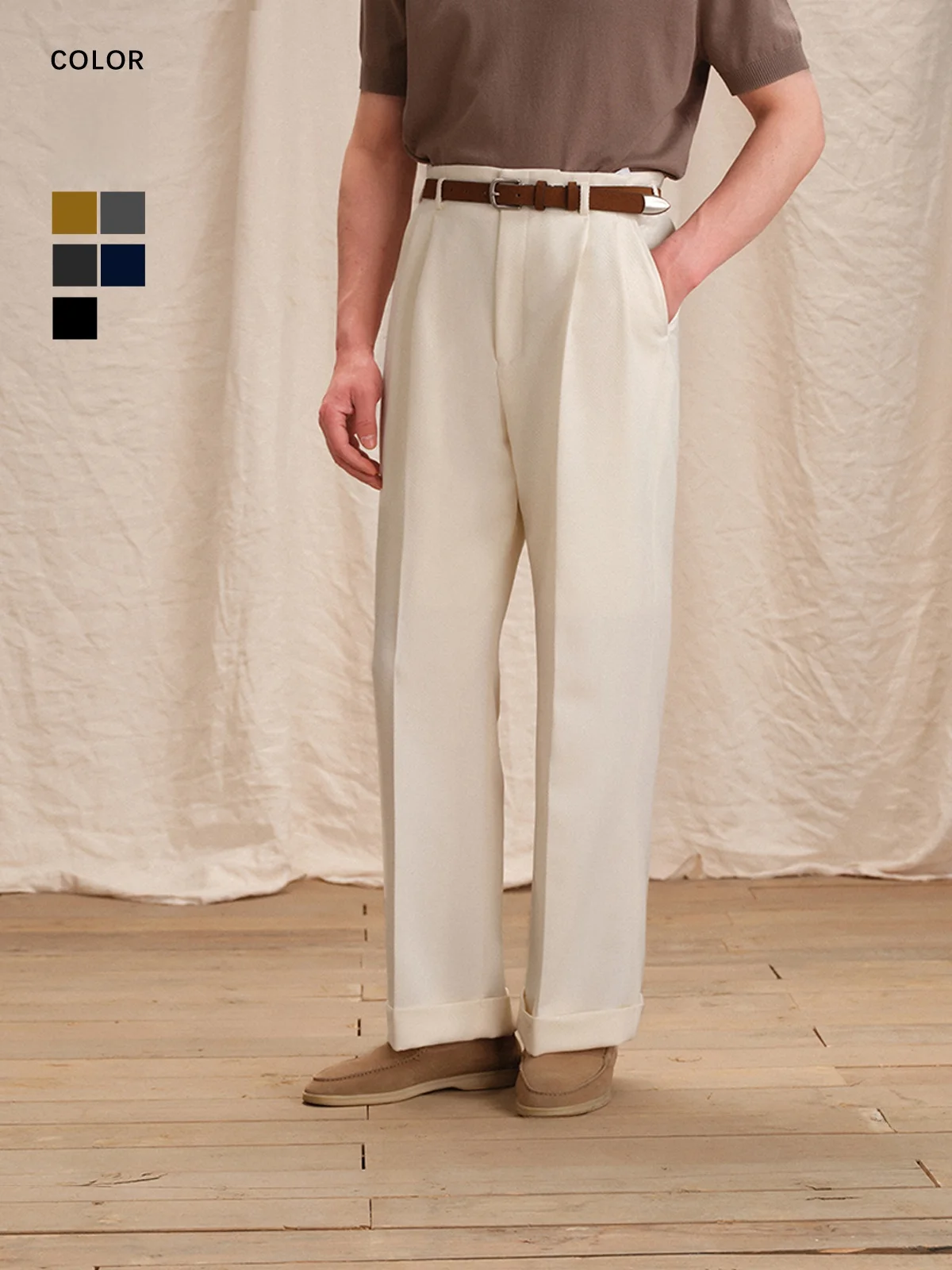 

CULTUM Men's Busin Casual Pants Breathable Double Pleat Rider Sle Long Trousers Polyester Viscose Spandex Blend