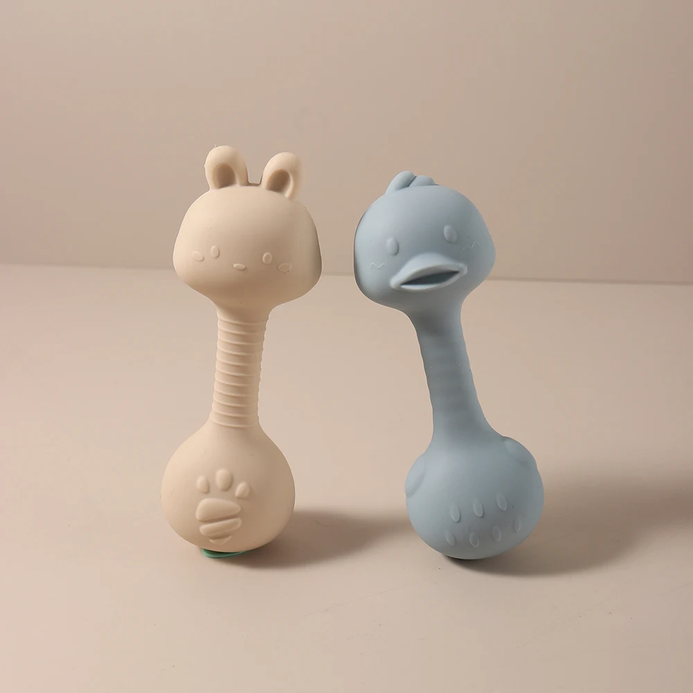 Brinquedo de mordedor de chocalho de bebê de silicone – abanador portátil de pato de coelho fofo, brinquedo de agitação de mascar sem BPA para recém-nascidos, bebês e crianças pequenas