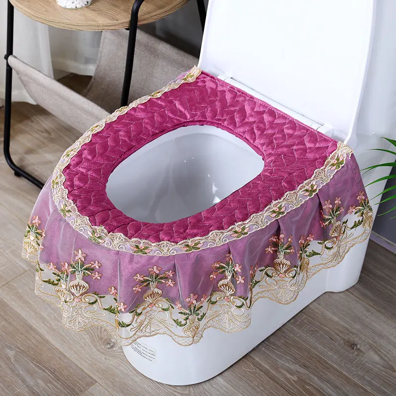 Lace Embroidery Toilet Seat Cushion Floral Household Bathroom Zipper Removable Closestool Mat Waterproof Anti-bacterial Covers