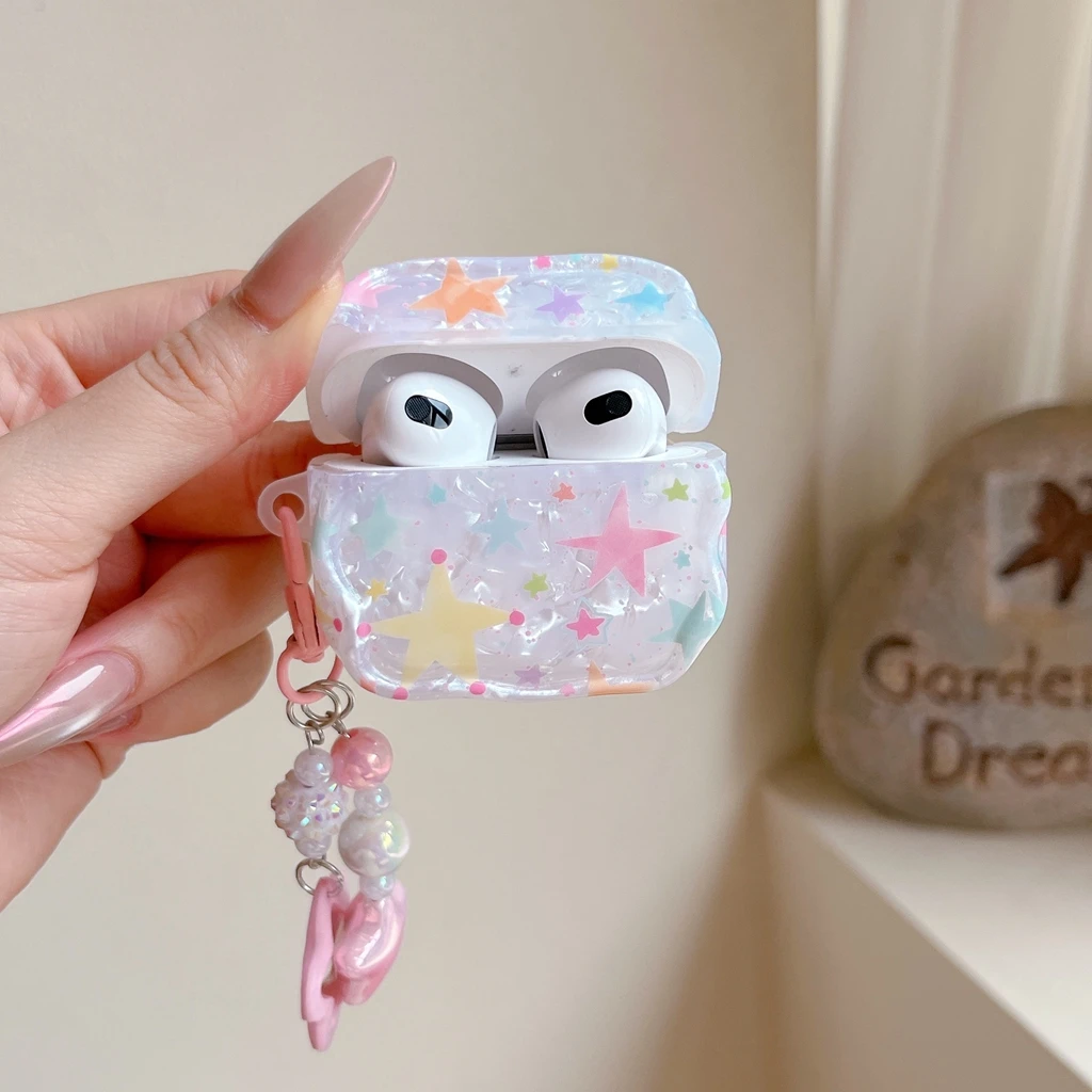 Cute Candy Color Star Shell Texture Glossy Wavy Edge With Pendant Earphone Cover Case for AirPods 1 or 2 3 4 5 Pro 2 Pro 3