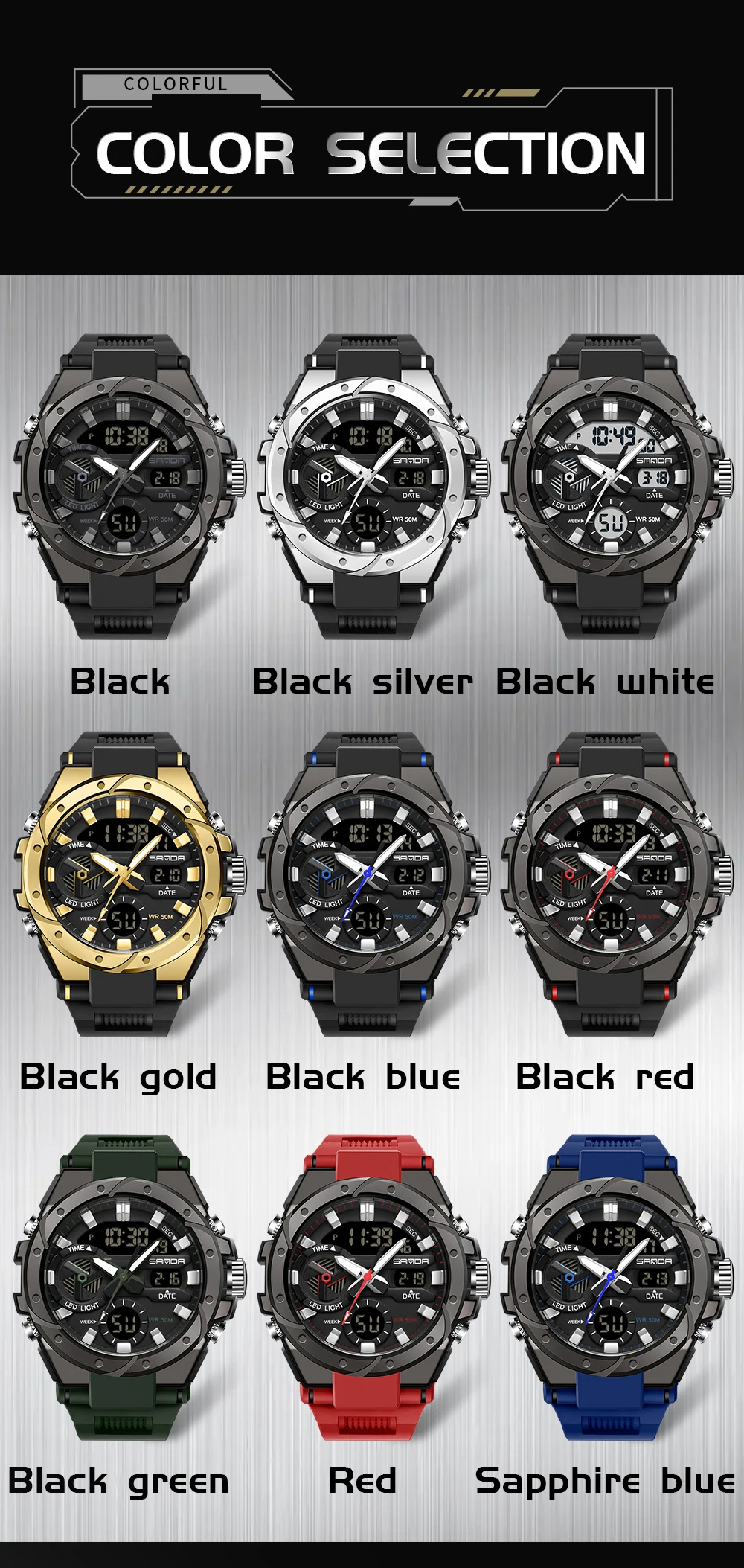 SANDA 3313 Fashion Trend G Style ساعة إلكترونية للرجال متعددة الوظائف مقاومة للماء LED ضوء الليل ساعة إلكترونية للرجال