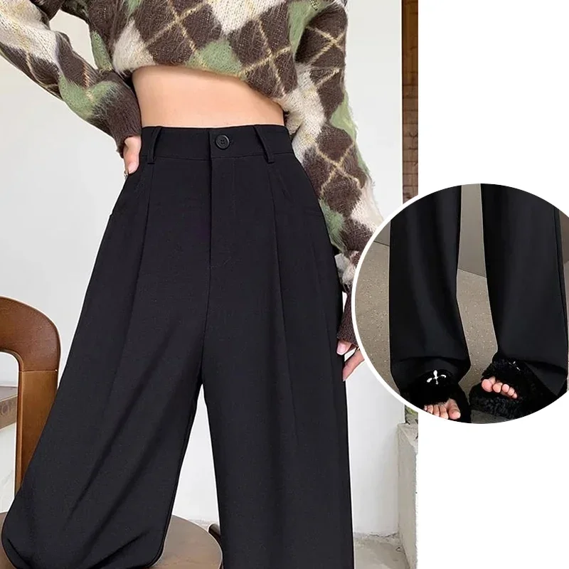 Women Fashion Suit Pants Lady Breathable Baggy High Waist Wide Leg Summer Trousers Lady Straight Leg Black Coffee Classic Pants