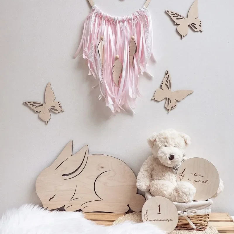 Baby Room Wall Ornaments Bunny Bird Butterfly Wooden Wall Sticker Children\'s Room Wall Decoration Kids Room Decor Accessories