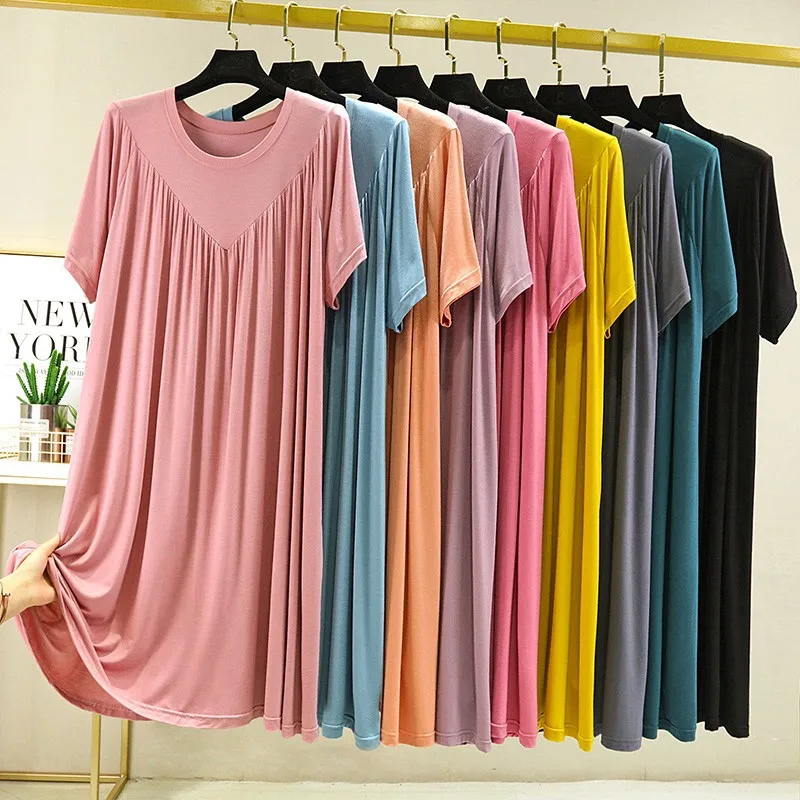 

Women Cotton Clothes for Summer Loose Large Size Casual Short-sleeved Night Dress Pleated Thin Home Long Dress