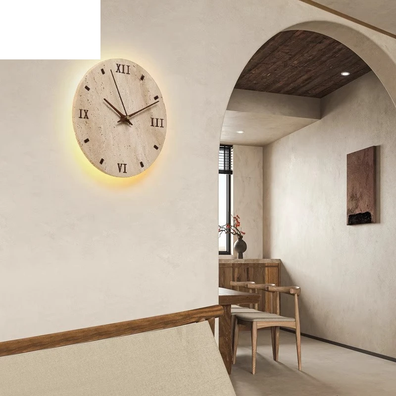 

Creative Time Clock Living Room Wall Light Yellow Travertine Bedroom Background Wall Stairs Entrance