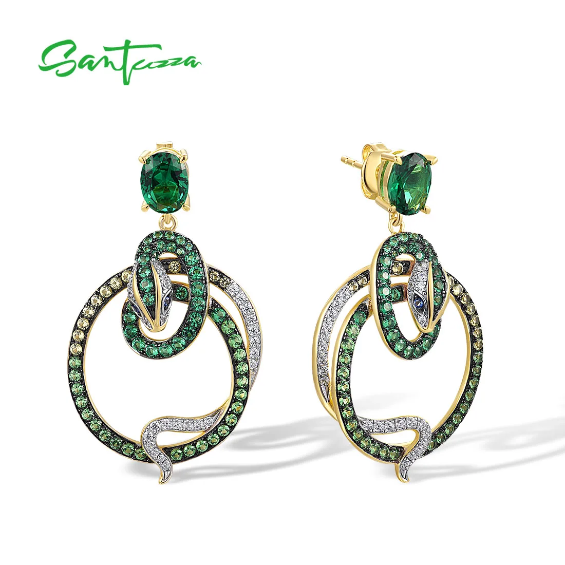 

SANTUZZA Genuine 925 Sterling Silver Stud Earrings For Women Green Spinel White CZ Dangle Snake Creative Gifts Fine Jewelry