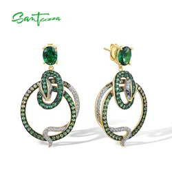 SANTUZZA Genuine 925 Sterling Silver Stud Earrings For Women Green Spinel White CZ Dangle Snake Creative Gifts Fine Jewelry